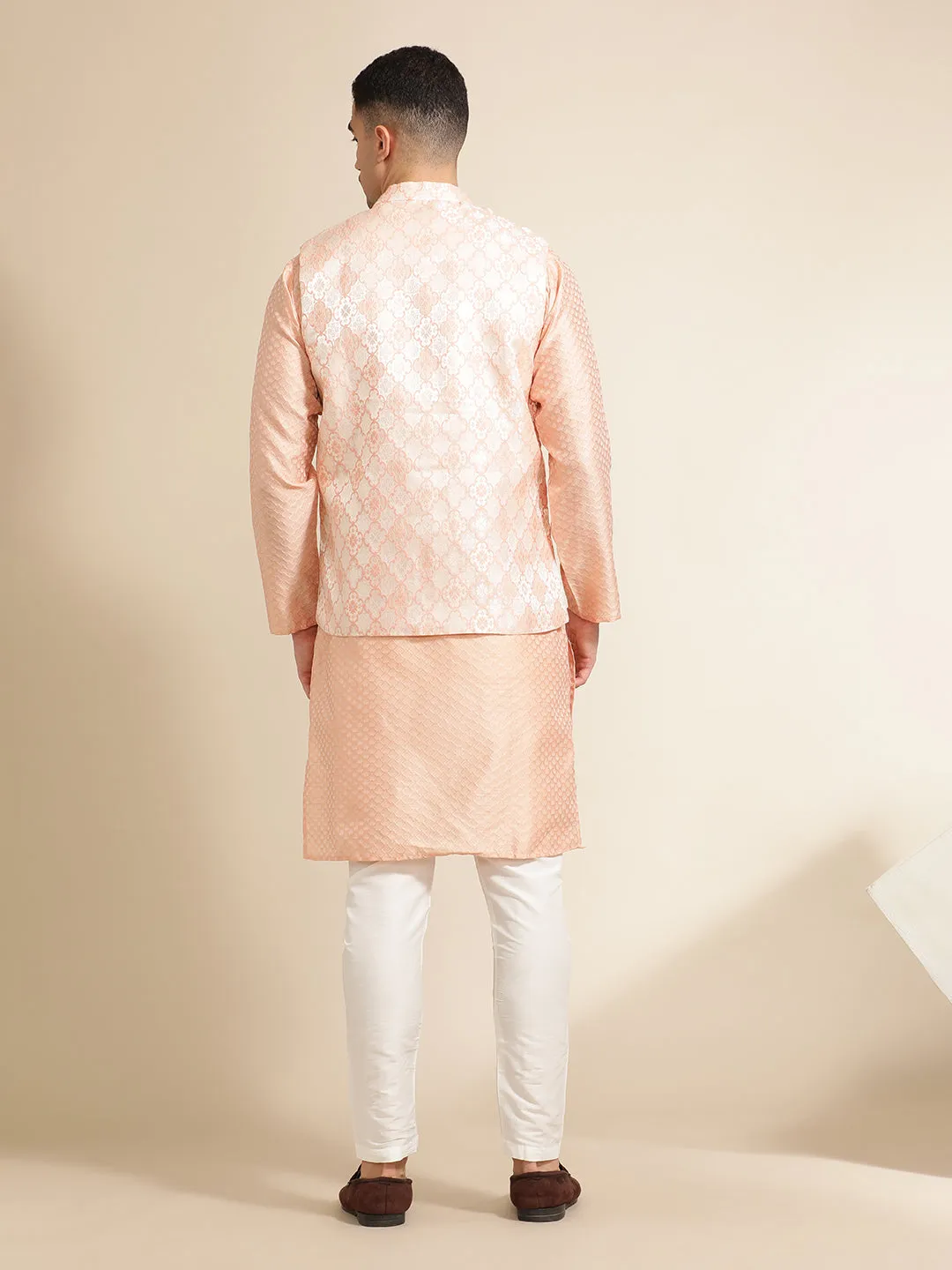 Peach Silk Blend Kurta With Woven Design Nehru Jacket Set