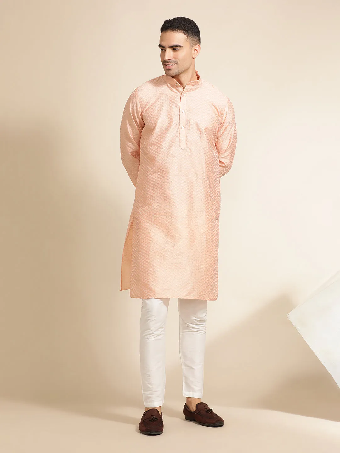 Peach Silk Blend Kurta With Woven Design Nehru Jacket Set