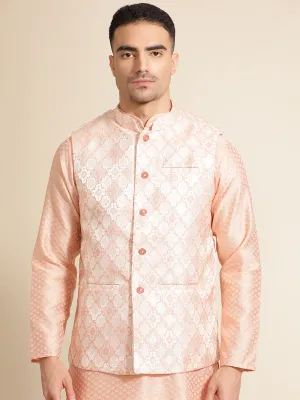 Peach Silk Blend Kurta With Woven Design Nehru Jacket Set