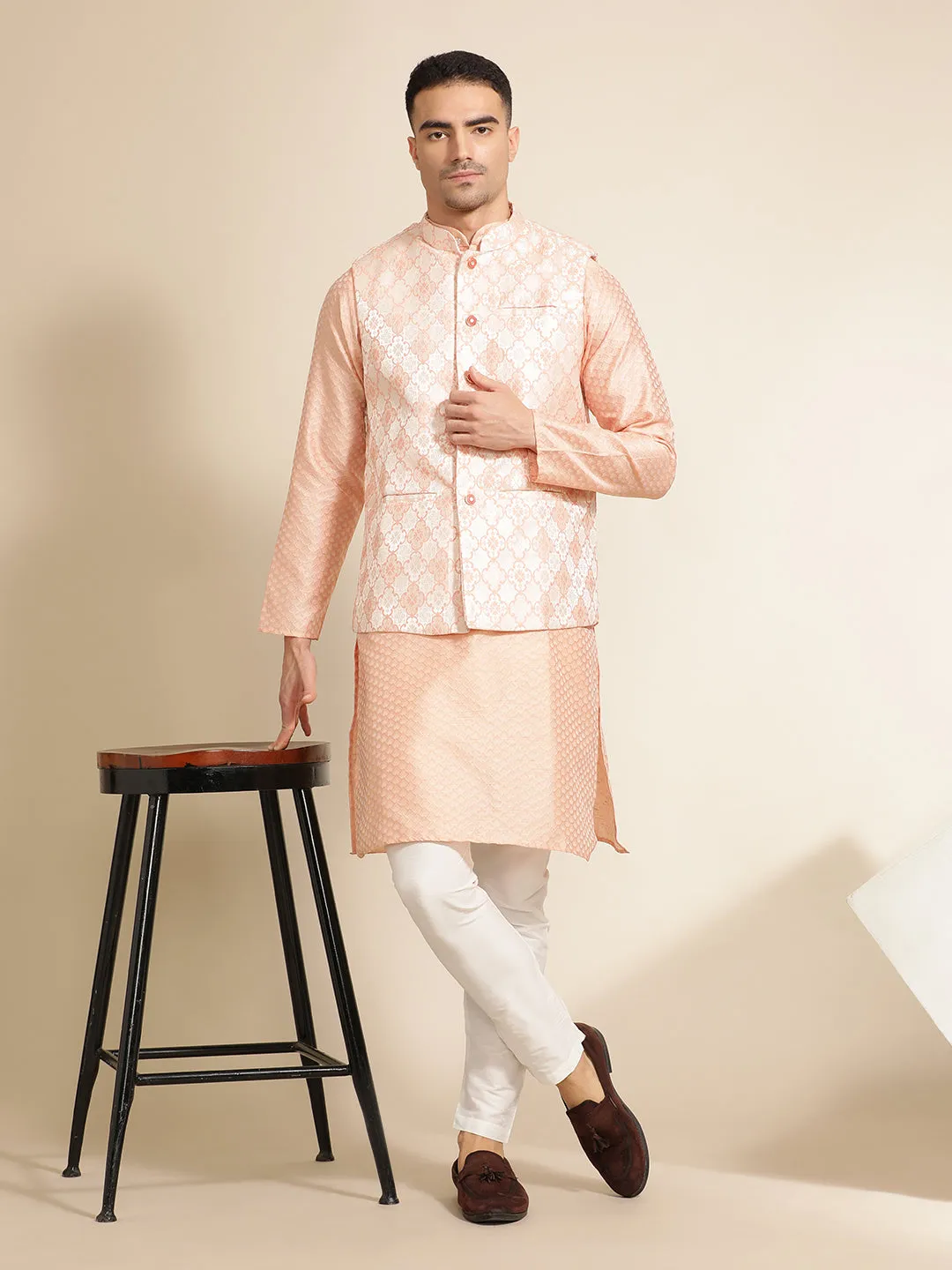 Peach Silk Blend Kurta With Woven Design Nehru Jacket Set