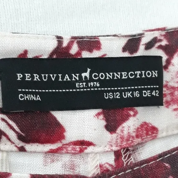 Peruvian Connection 100% Linen Short Floral Red and White Zippered Size 12