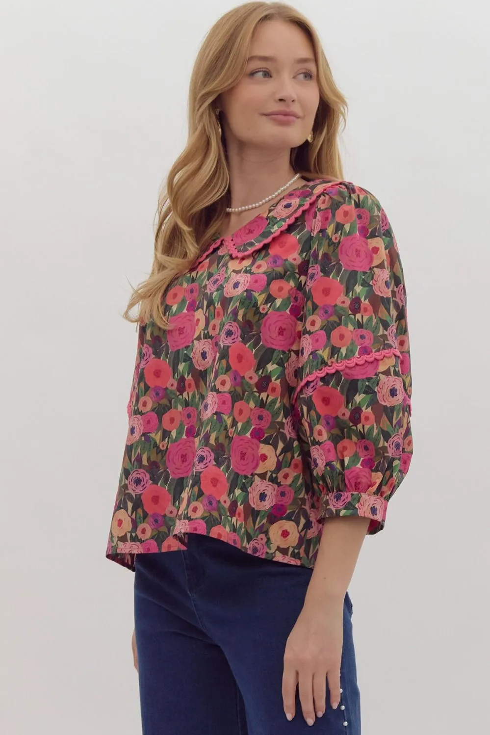 Pink floral print peter pan top