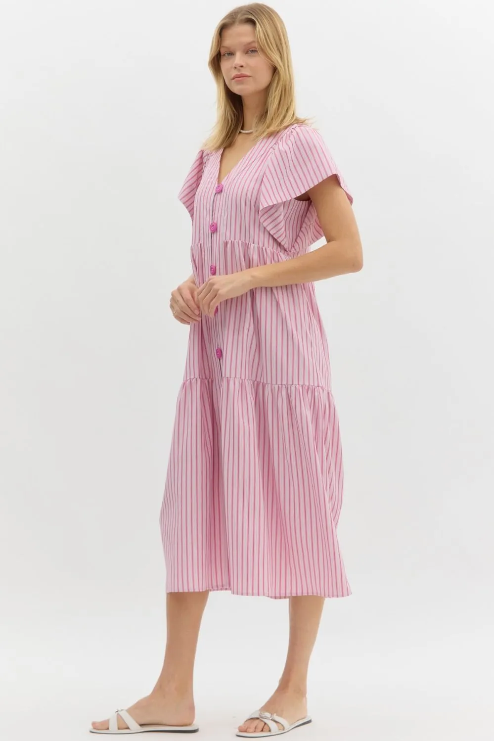 Pink Striped Button Midi Dress