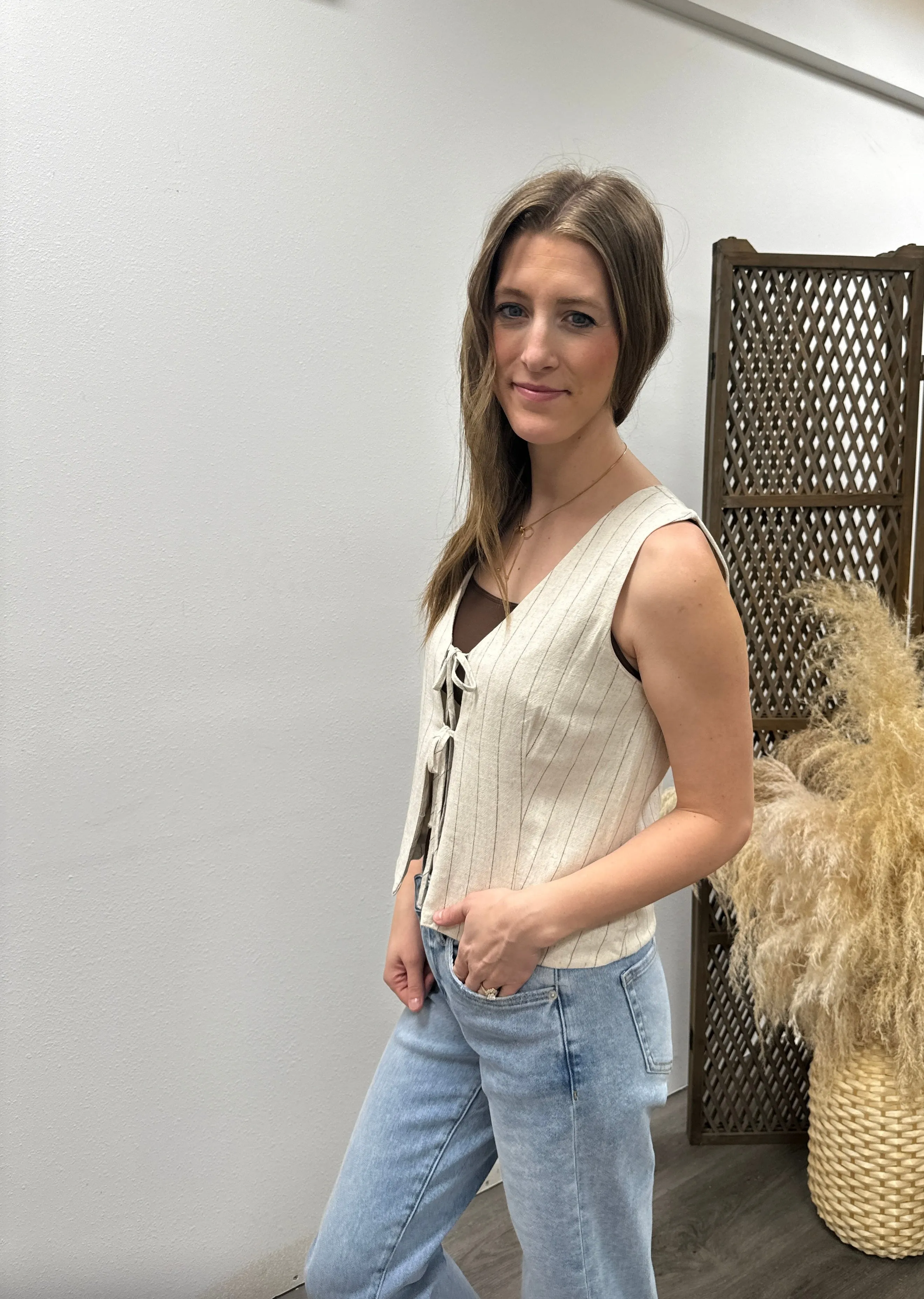 Pinstripe Double Front Tie Shirt Vest