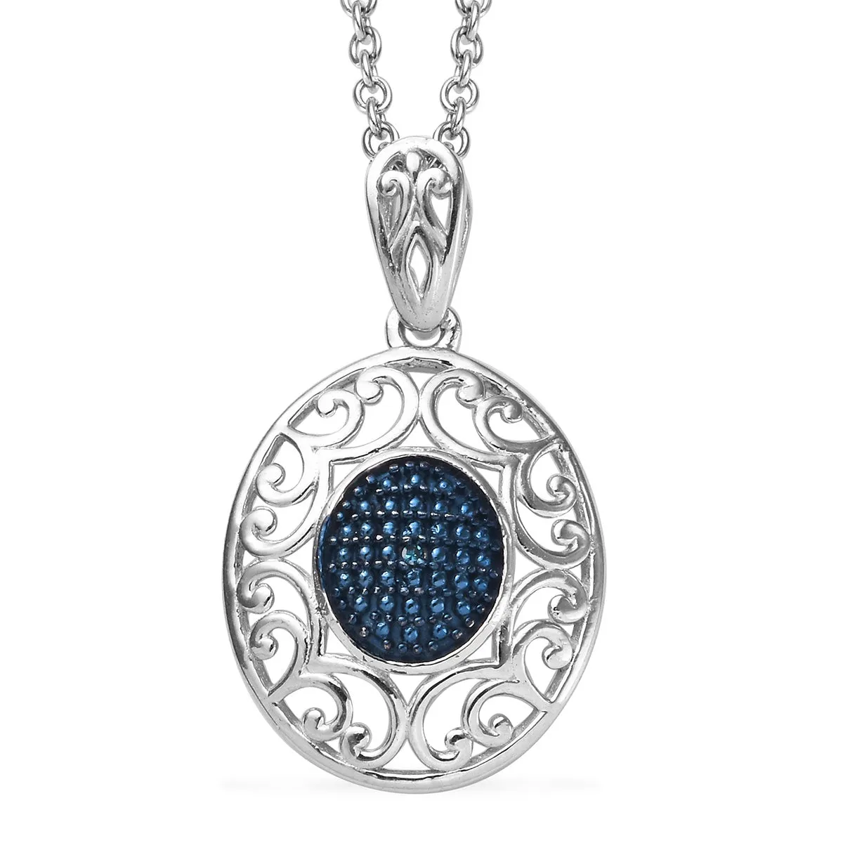 Platinum & Sterling Silver Blue Diamond Accent Scroll Work Pendant 20" Chain