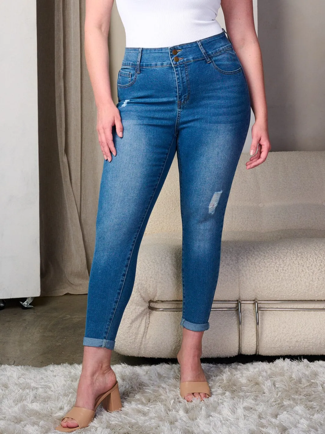 PLUS SIZE BUTTON CLOSURE WASHED DISTRESS DENIM SKINNY JEANS