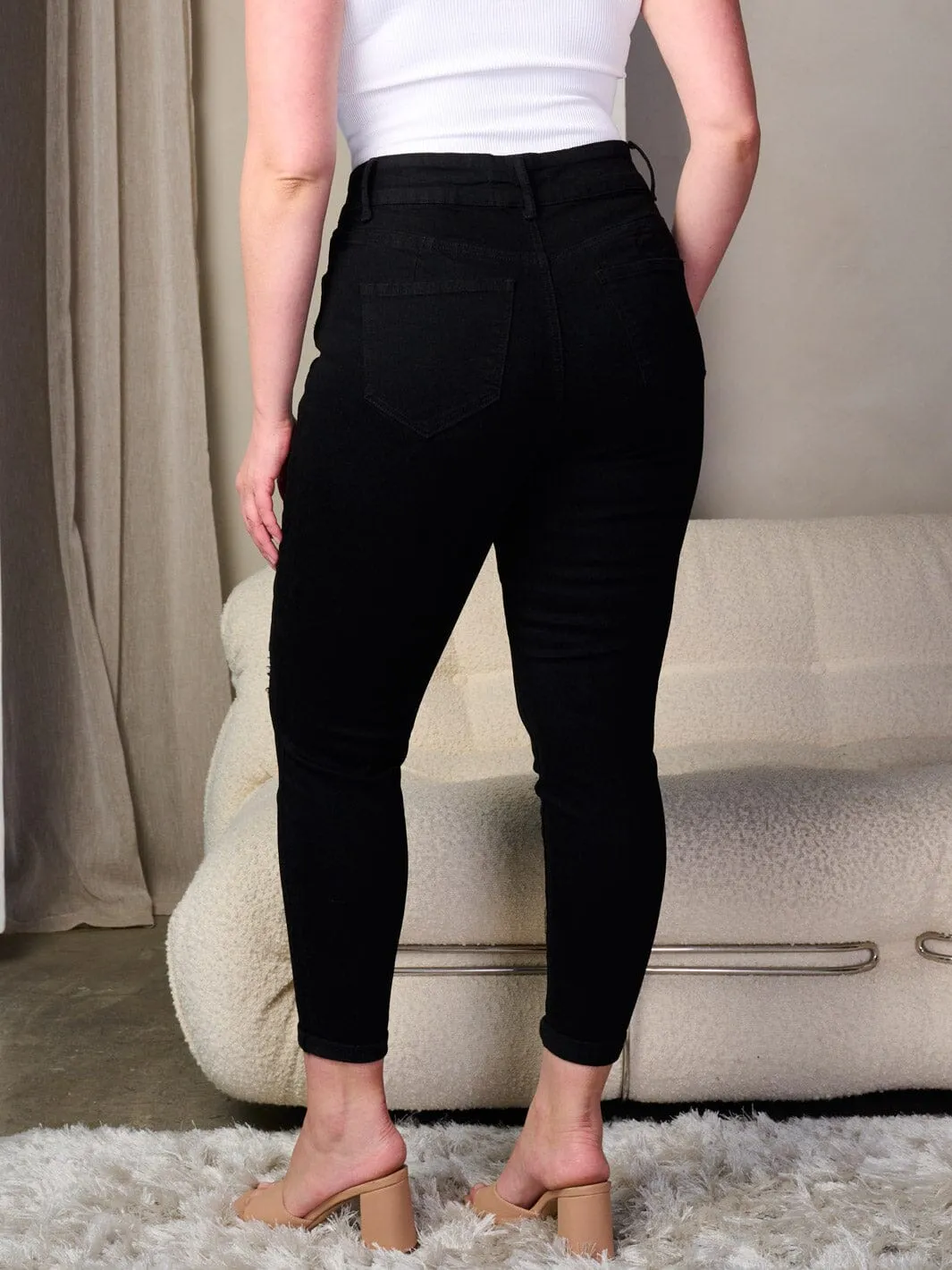 PLUS SIZE BUTTON CLOSURE WASHED DISTRESS DENIM SKINNY JEANS