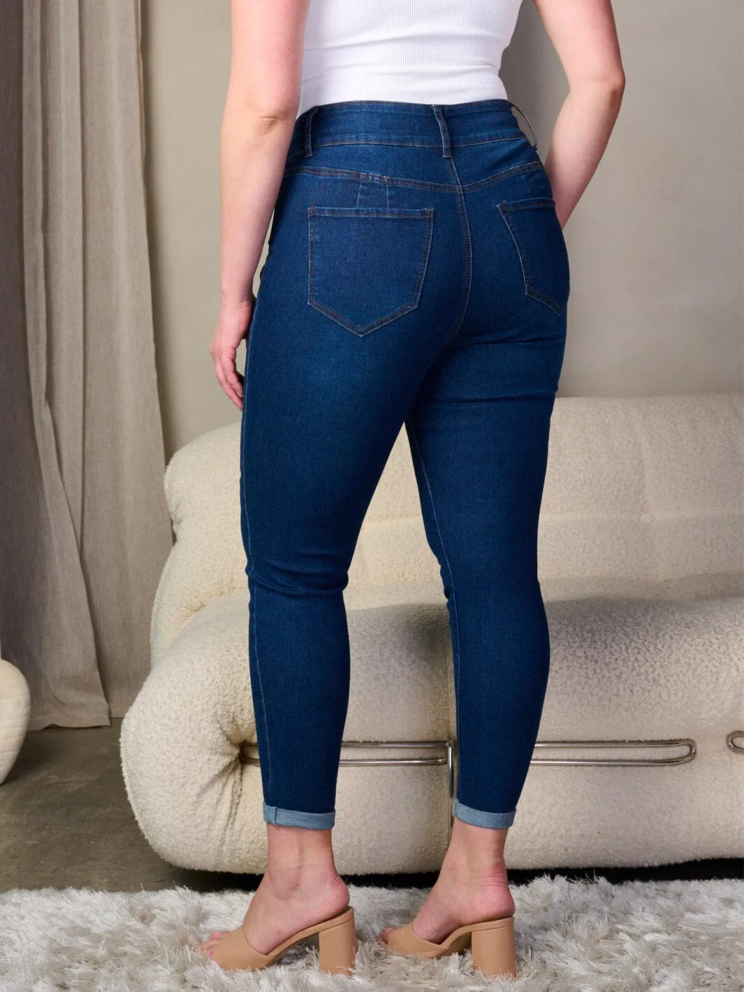 PLUS SIZE BUTTON CLOSURE WASHED DISTRESS DENIM SKINNY JEANS