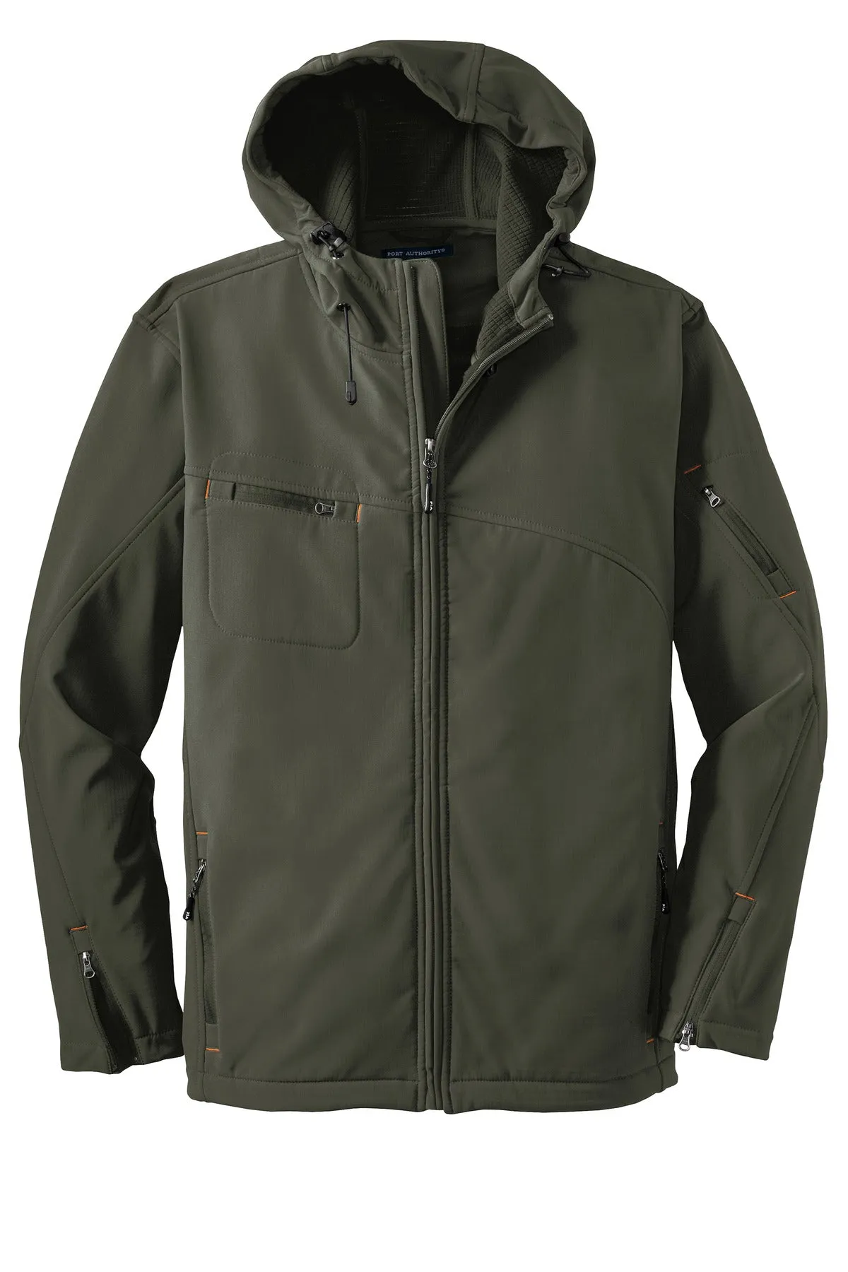 Port Authority Textured Hooded Soft Shell Jacket. J706 Mineral Green/ Soft Orange
