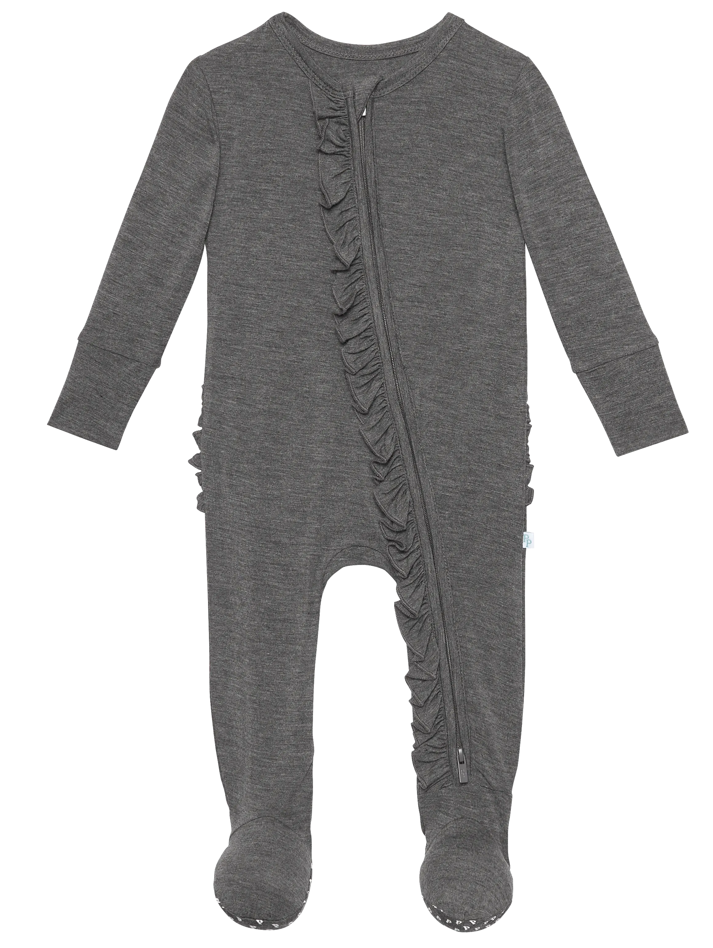 Posh Peanut Charcoal Heather Ruffled Zippered Footie