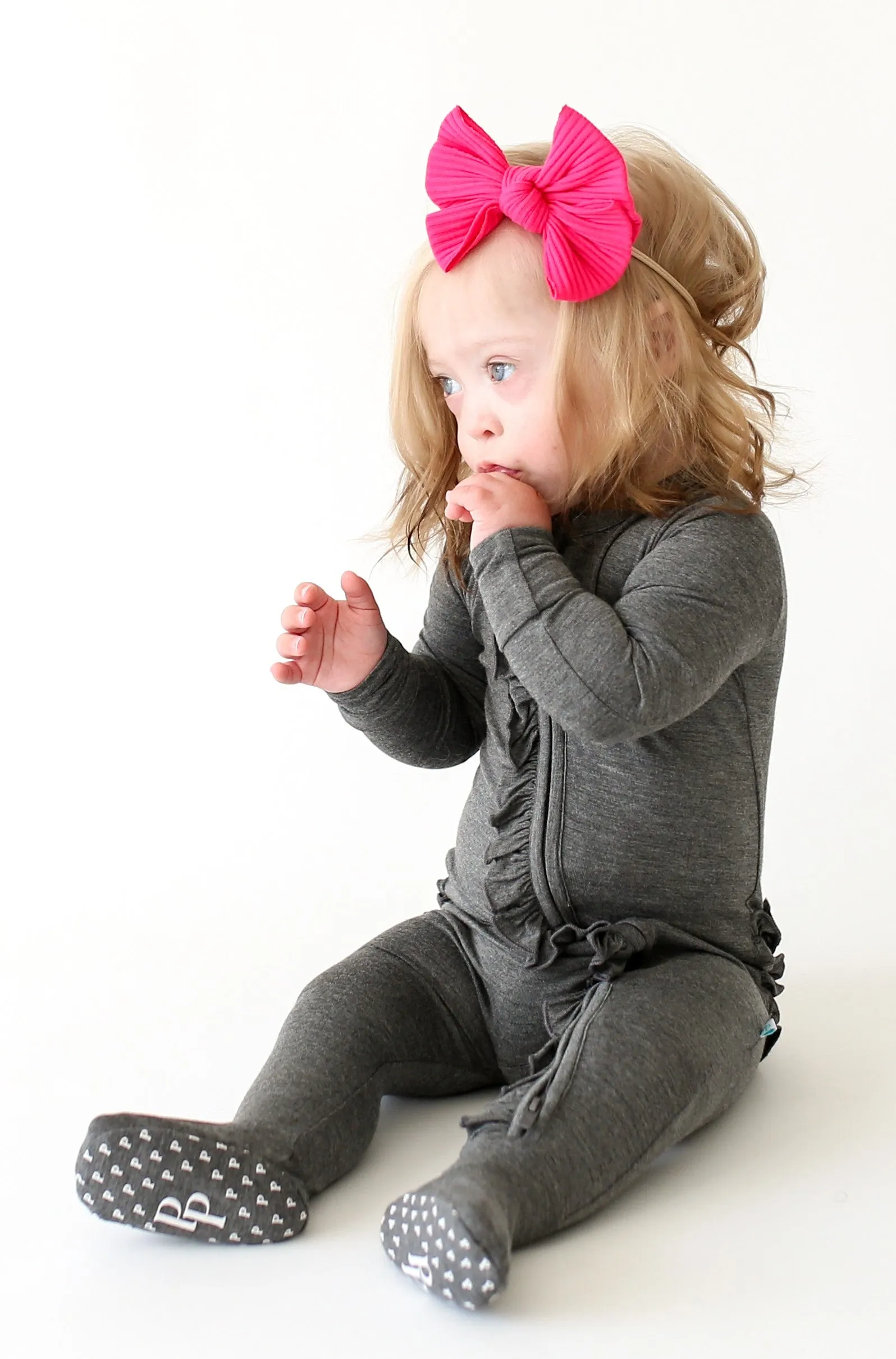 Posh Peanut Charcoal Heather Ruffled Zippered Footie