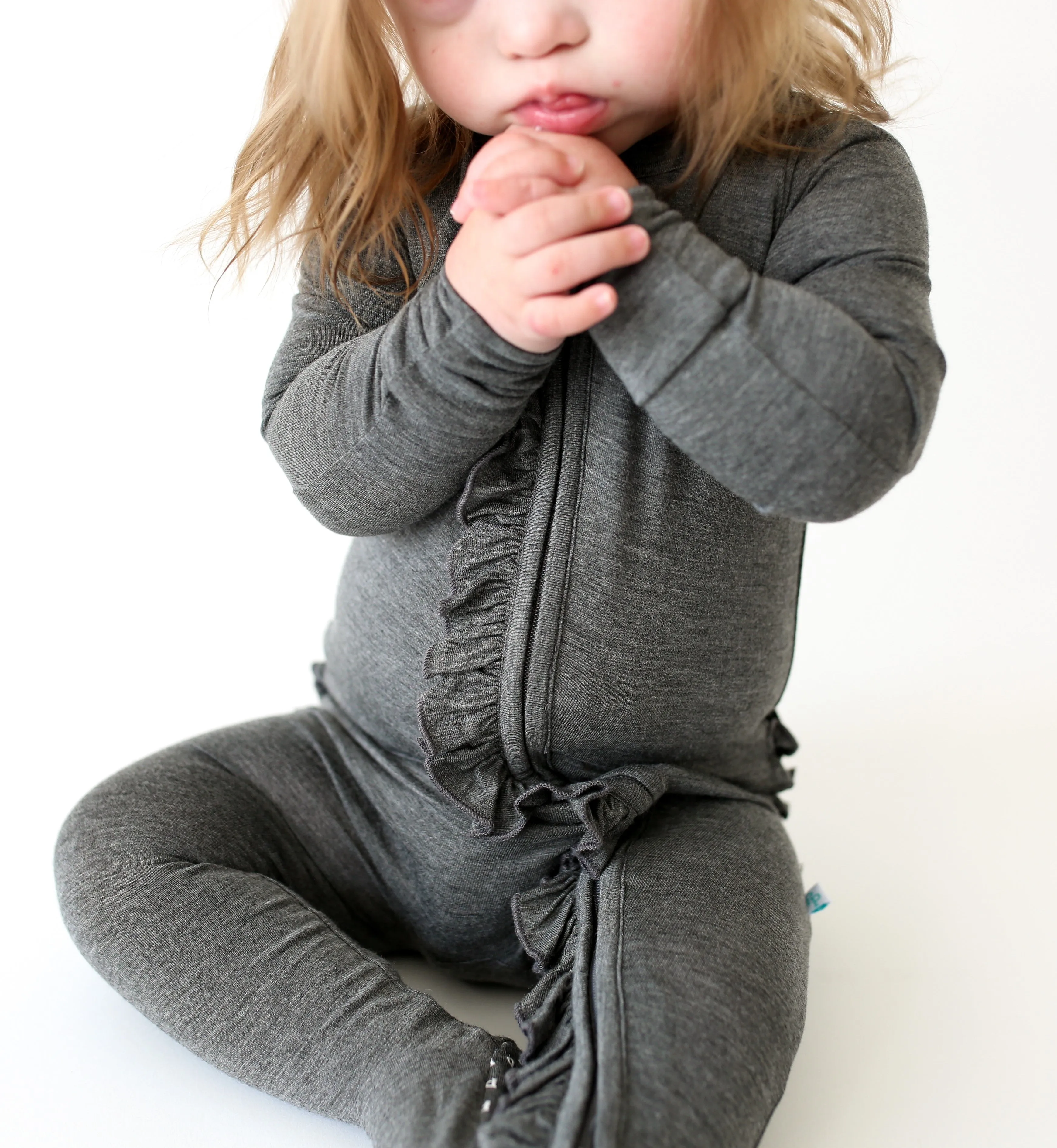 Posh Peanut Charcoal Heather Ruffled Zippered Footie