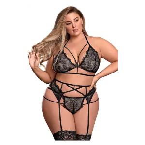 Pure Lace Triangle Bra, Garter & Panty Set Black Plus