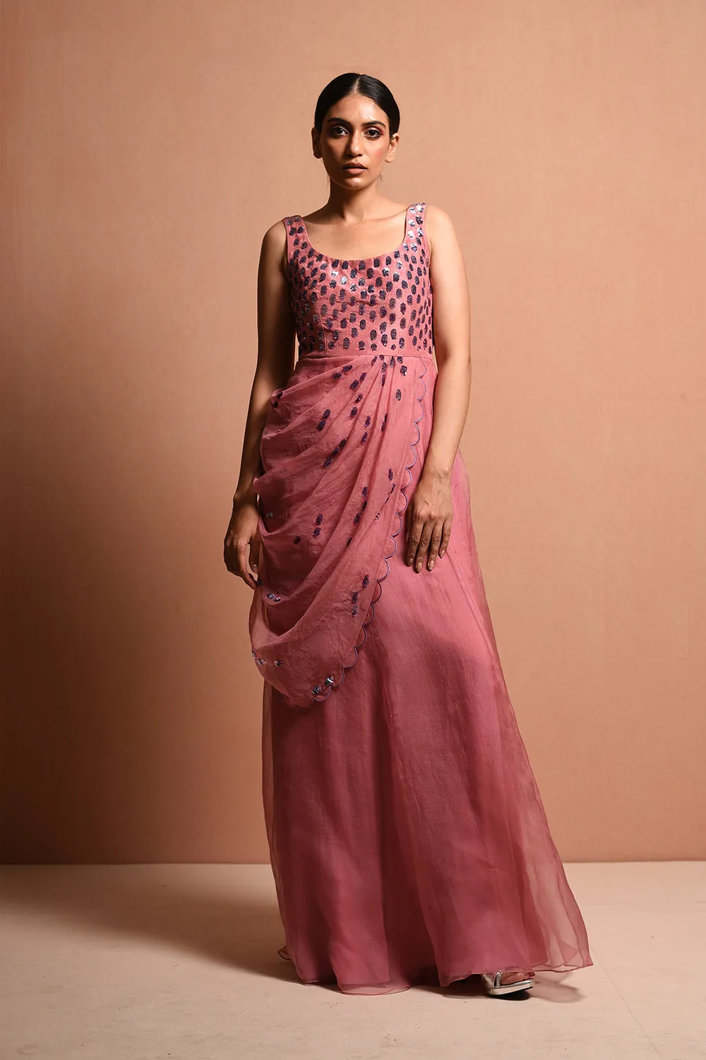 Radialwrap Saree Gown Features Cape Jacket And Organic Polka Dot Saree Gown In Silk Dupion And Silk Organza.