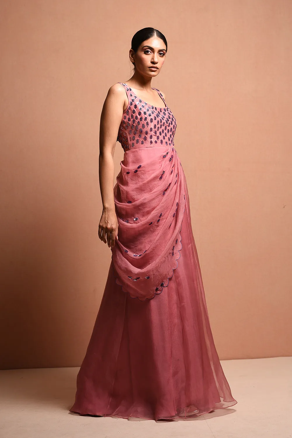 Radialwrap Saree Gown Features Cape Jacket And Organic Polka Dot Saree Gown In Silk Dupion And Silk Organza.