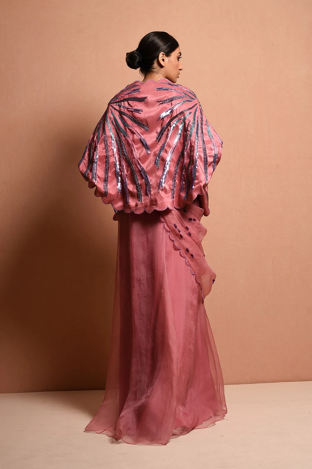Radialwrap Saree Gown Features Cape Jacket And Organic Polka Dot Saree Gown In Silk Dupion And Silk Organza.