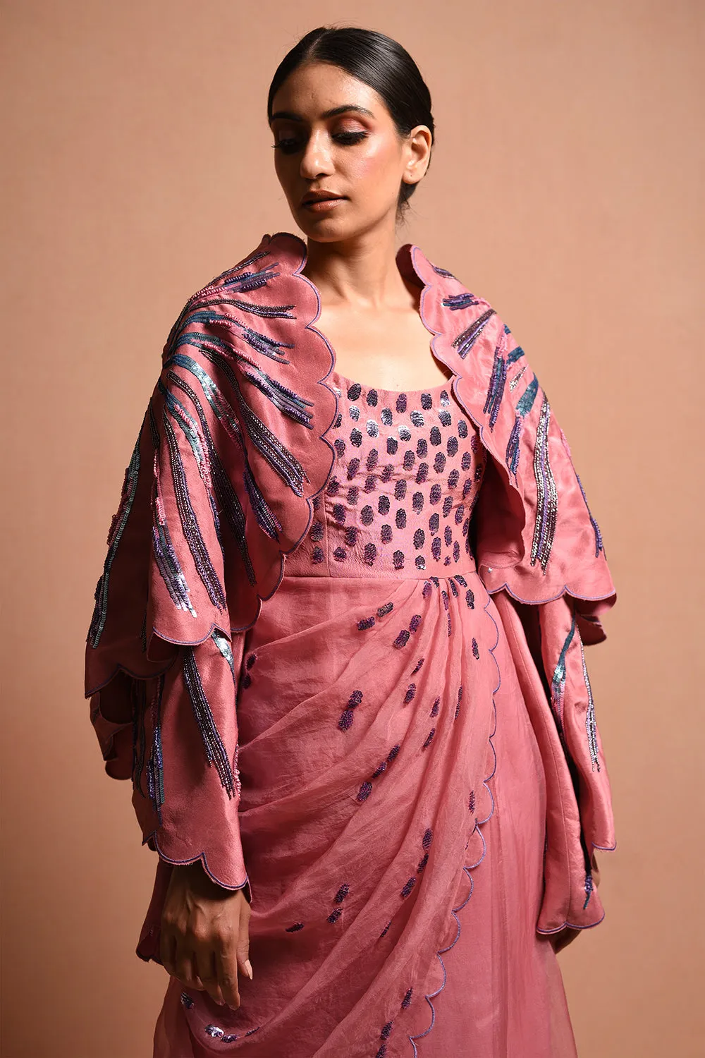 Radialwrap Saree Gown Features Cape Jacket And Organic Polka Dot Saree Gown In Silk Dupion And Silk Organza.