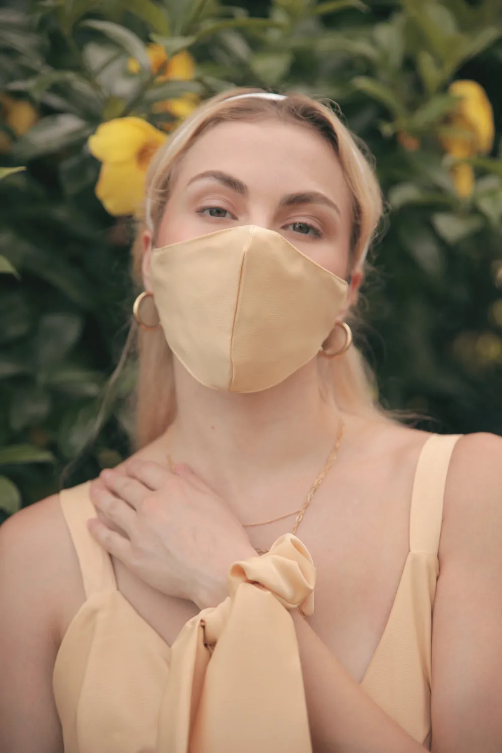 RIVIERA Button Down Slip Dress Gathered Cup Detail with Matching Scrunchie and Mask (Butter Yellow Silk)