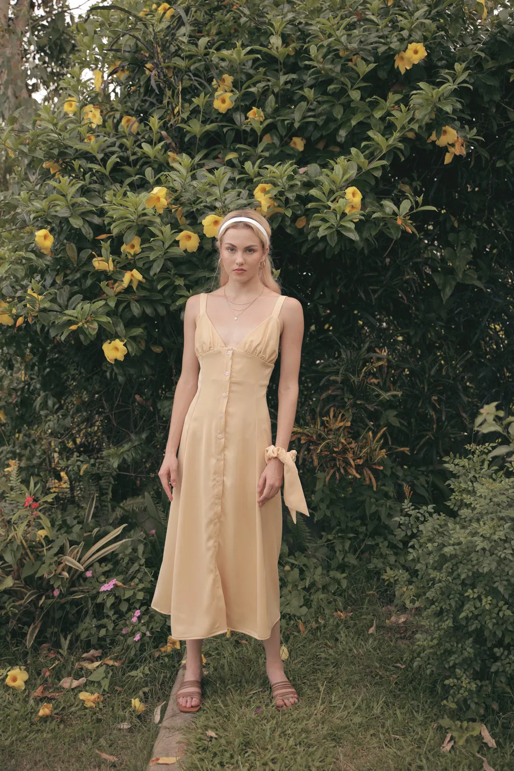 RIVIERA Button Down Slip Dress Gathered Cup Detail with Matching Scrunchie and Mask (Butter Yellow Silk)