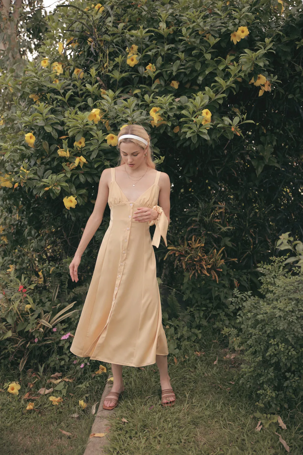 RIVIERA Button Down Slip Dress Gathered Cup Detail with Matching Scrunchie and Mask (Butter Yellow Silk)