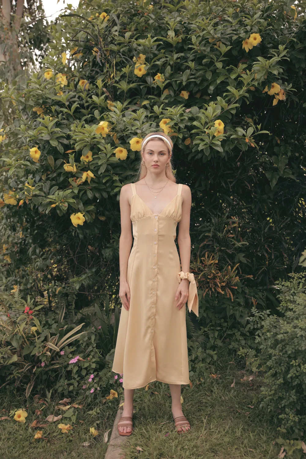 RIVIERA Button Down Slip Dress Gathered Cup Detail with Matching Scrunchie and Mask (Butter Yellow Silk)
