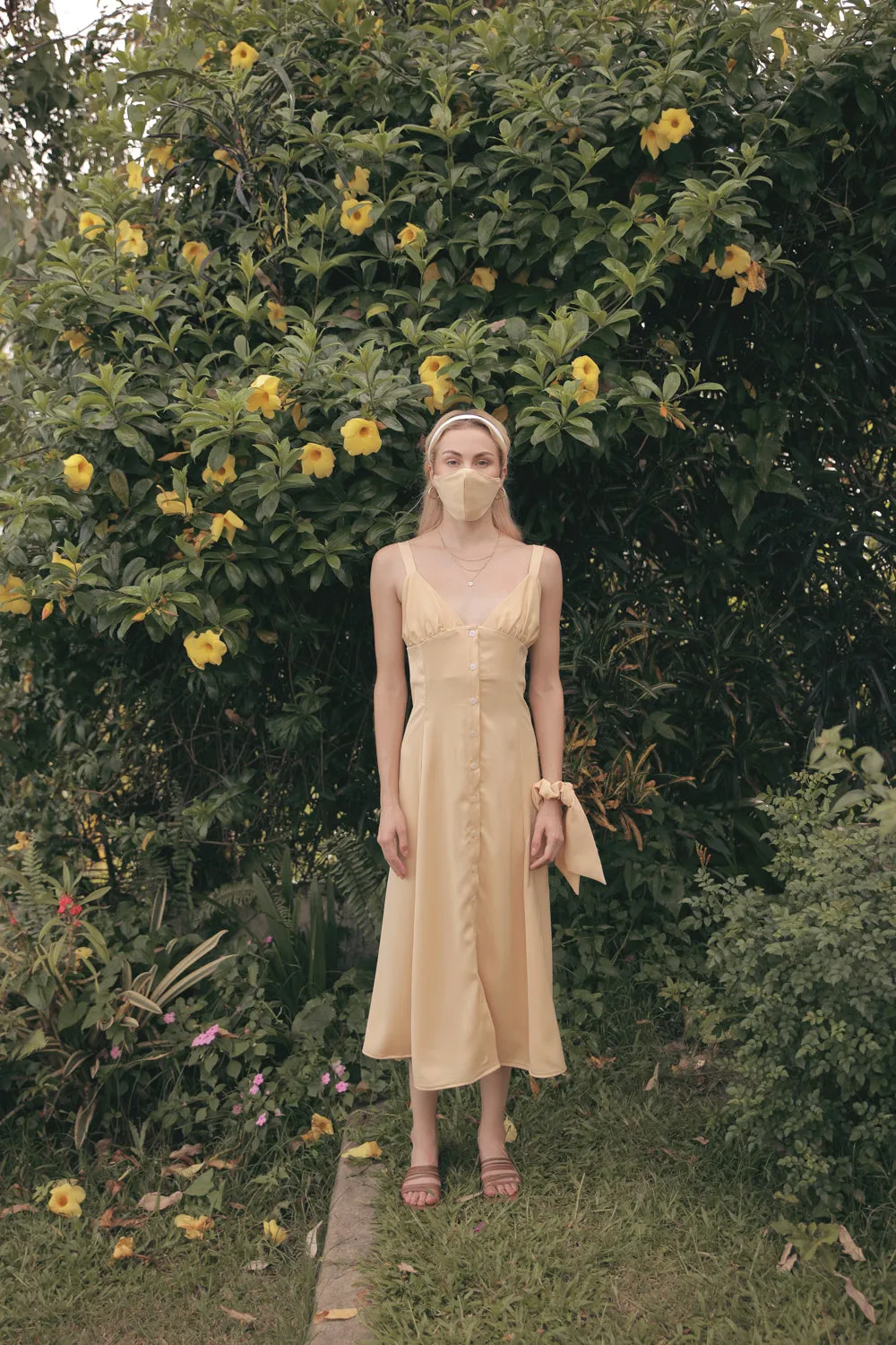 RIVIERA Button Down Slip Dress Gathered Cup Detail with Matching Scrunchie and Mask (Butter Yellow Silk)