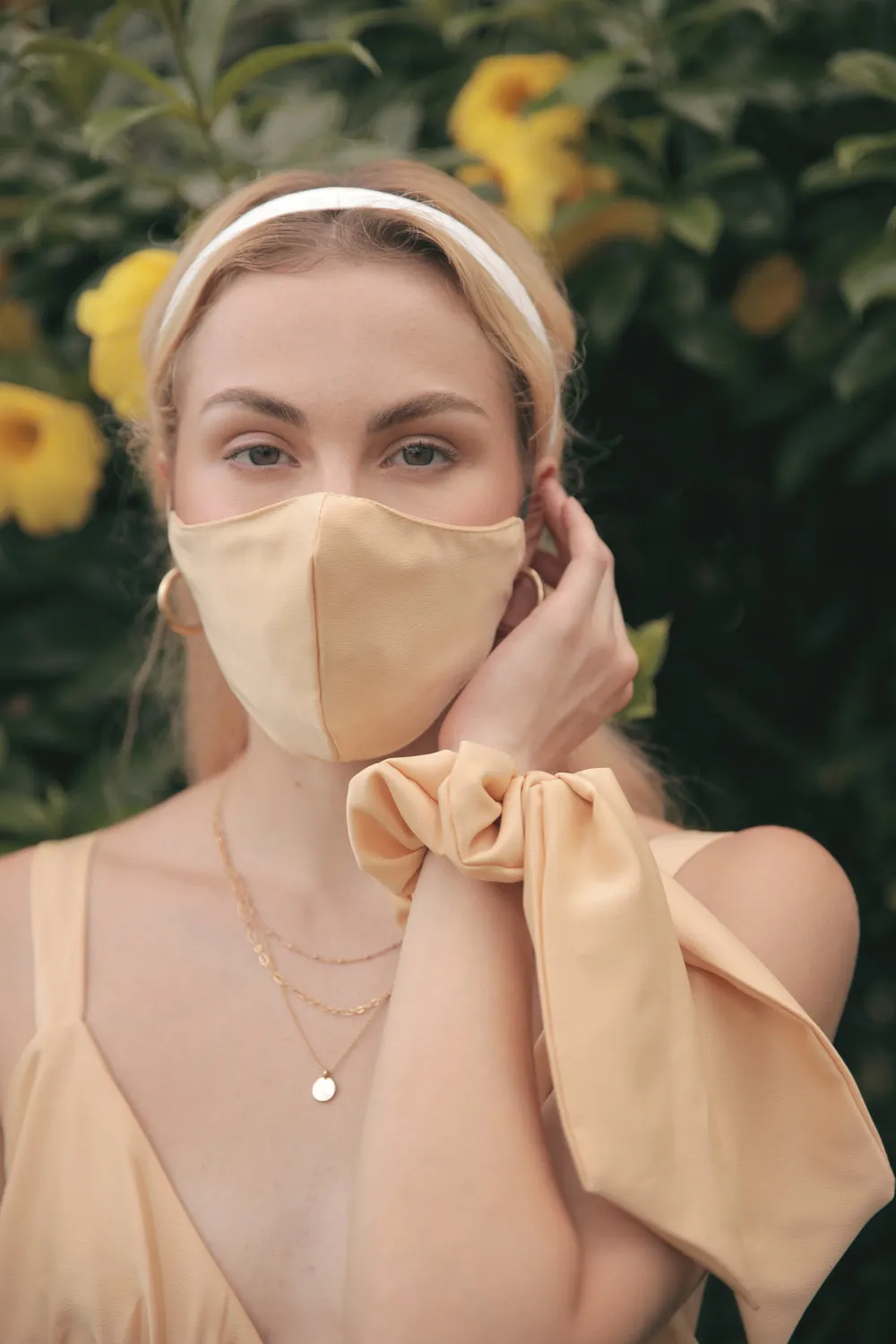RIVIERA Button Down Slip Dress Gathered Cup Detail with Matching Scrunchie and Mask (Butter Yellow Silk)