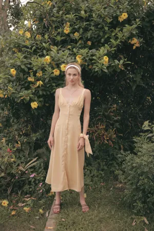 RIVIERA Button Down Slip Dress Gathered Cup Detail with Matching Scrunchie and Mask (Butter Yellow Silk)