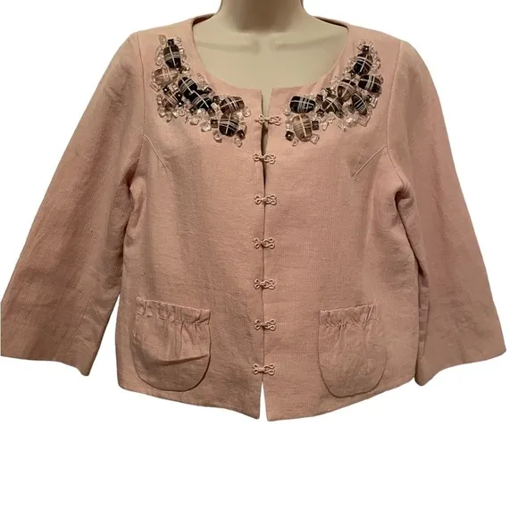 Robert Rodriguez Women’s Embellished Jacket 100% Linen Blush Pink Size 8 Lined