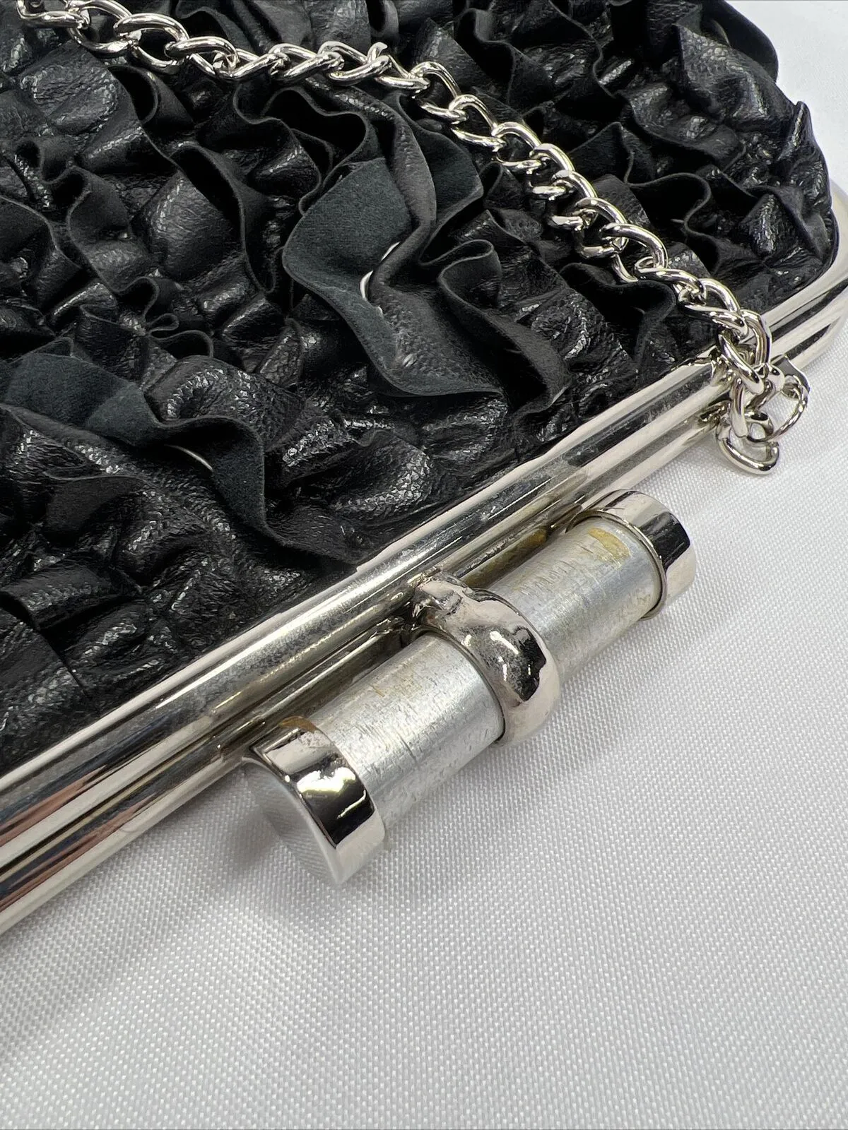 Ruffle Black￼ Purse Shoulder Bag Strap Silver Chain Ruffle Accent