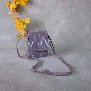 Sarus Crane Ikat Slings with front Flap Grey Colour with White and Yellow zig zag Design.