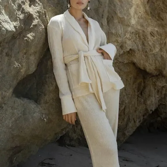 SAVANNAH MORROW Daria Open Front Cardigan Silk Bamboo Cream Pockets Small NEW