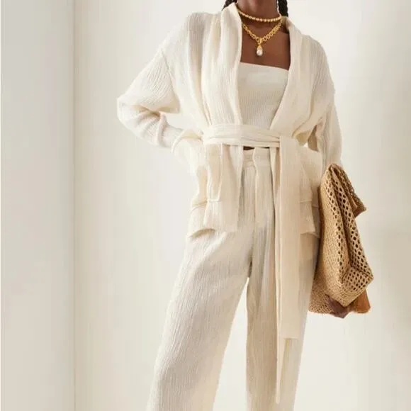SAVANNAH MORROW Daria Open Front Cardigan Silk Bamboo Cream Pockets Small NEW