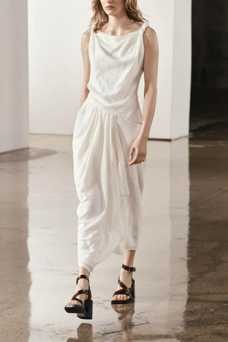 Sculptural Effect Linen Blend Twisted Shoulder Strap Drape Maxi Dress