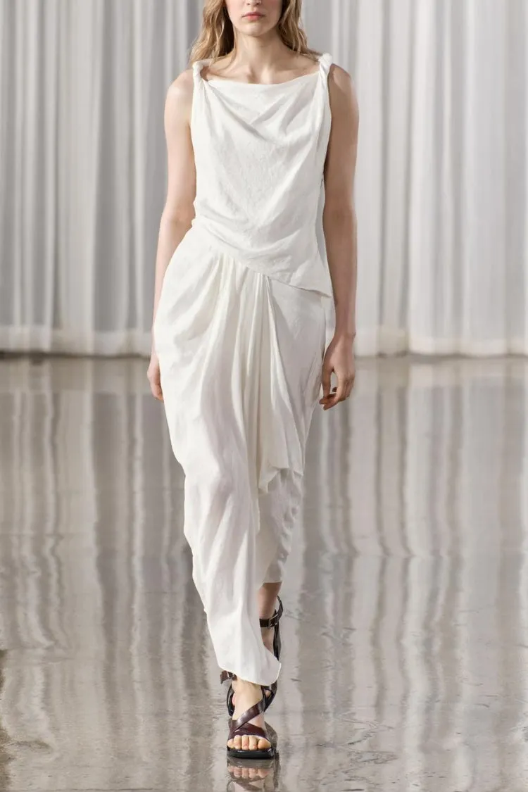 Sculptural Effect Linen Blend Twisted Shoulder Strap Drape Maxi Dress