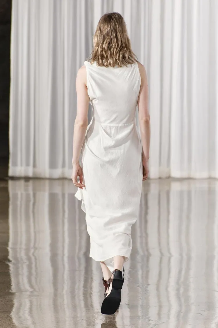 Sculptural Effect Linen Blend Twisted Shoulder Strap Drape Maxi Dress