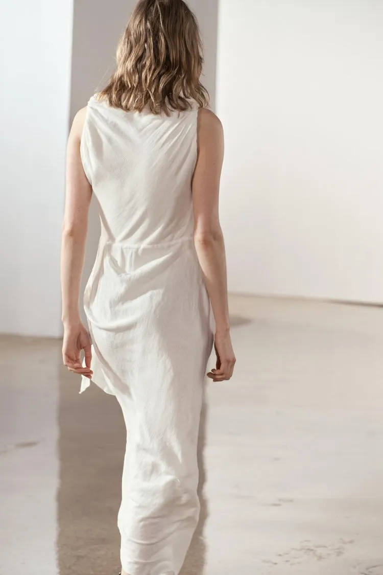 Sculptural Effect Linen Blend Twisted Shoulder Strap Drape Maxi Dress