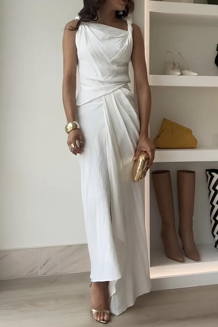 Sculptural Effect Linen Blend Twisted Shoulder Strap Drape Maxi Dress