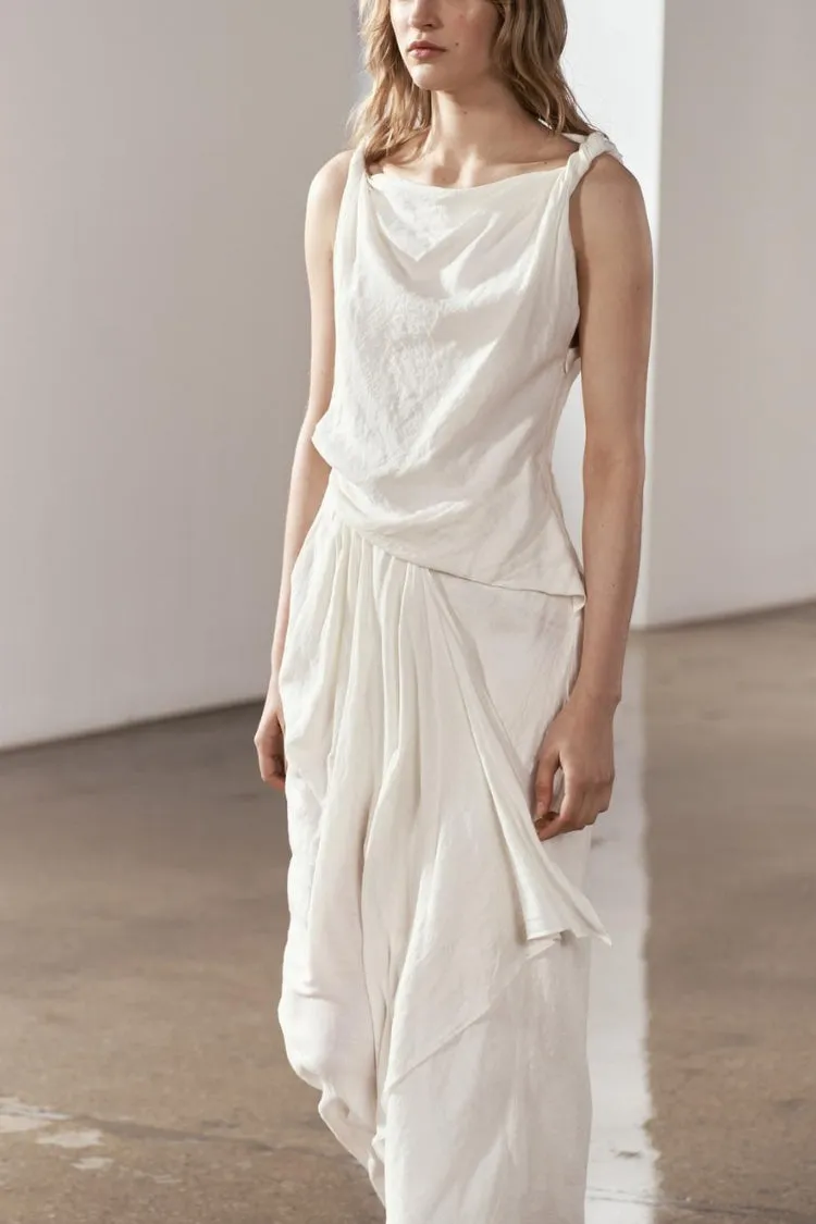 Sculptural Effect Linen Blend Twisted Shoulder Strap Drape Maxi Dress
