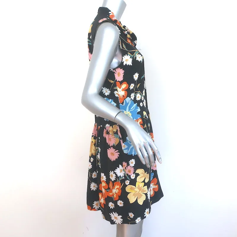 SEA Tie-Neck Sleeveless Mini Dress Black Floral Print Stretch Silk Size 0