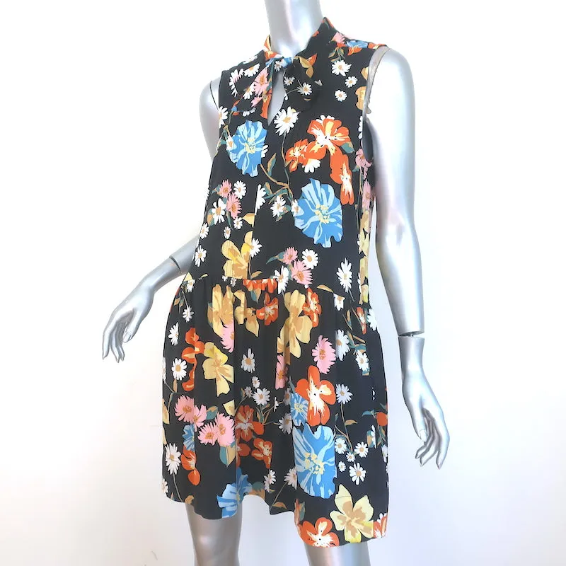 SEA Tie-Neck Sleeveless Mini Dress Black Floral Print Stretch Silk Size 0