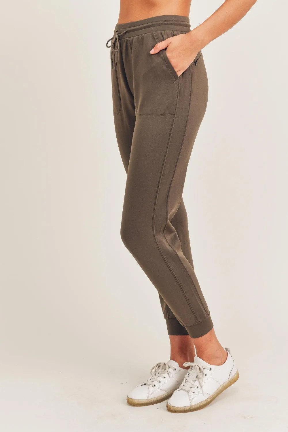 Side-Paneled Joggers with Zippered Back Pocket - Olive