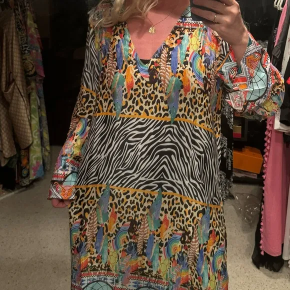 Silk Maxi Dress In Multi-print Animal Feather Designed In &amp; Imported From Italy