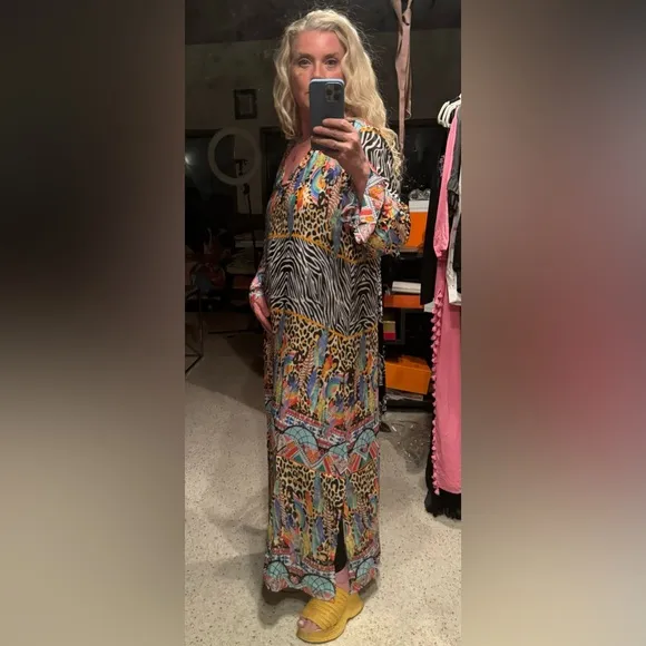 Silk Maxi Dress In Multi-print Animal Feather Designed In &amp; Imported From Italy