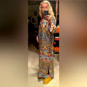 Silk Maxi Dress In Multi-print Animal Feather Designed In &amp; Imported From Italy