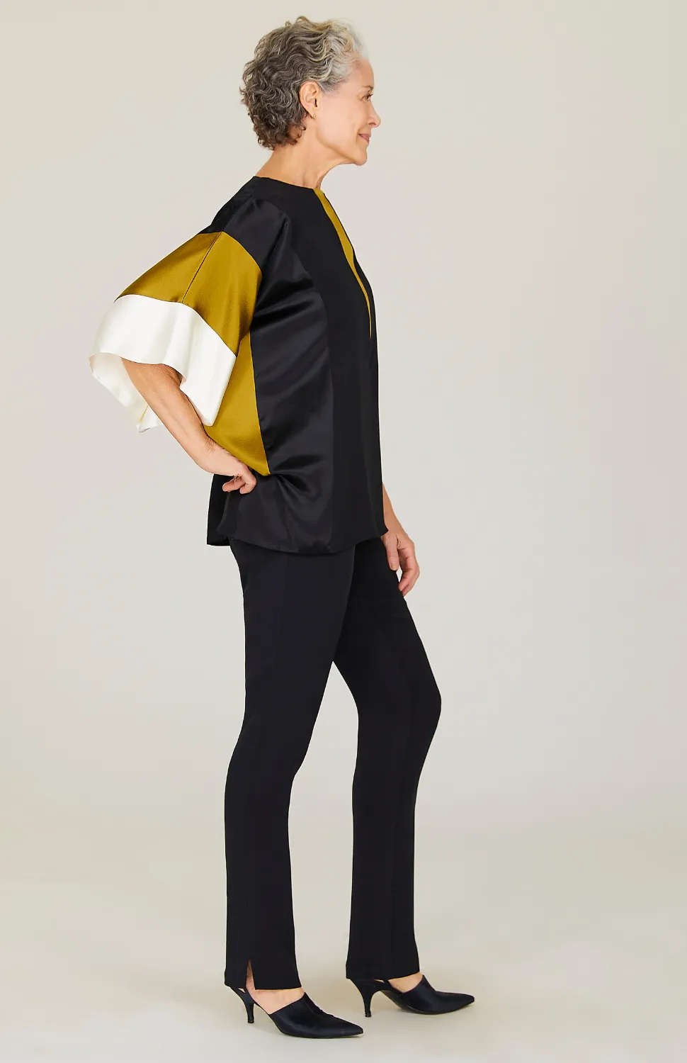 Silk Tunic w/Contrast Satin Bands & V Inset