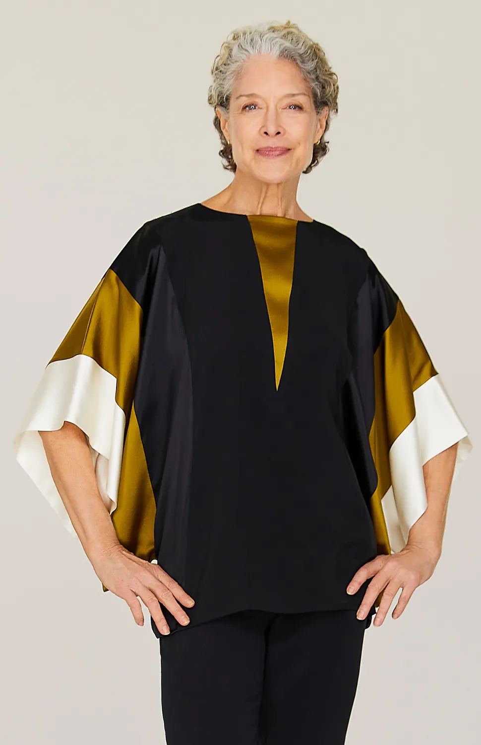 Silk Tunic w/Contrast Satin Bands & V Inset