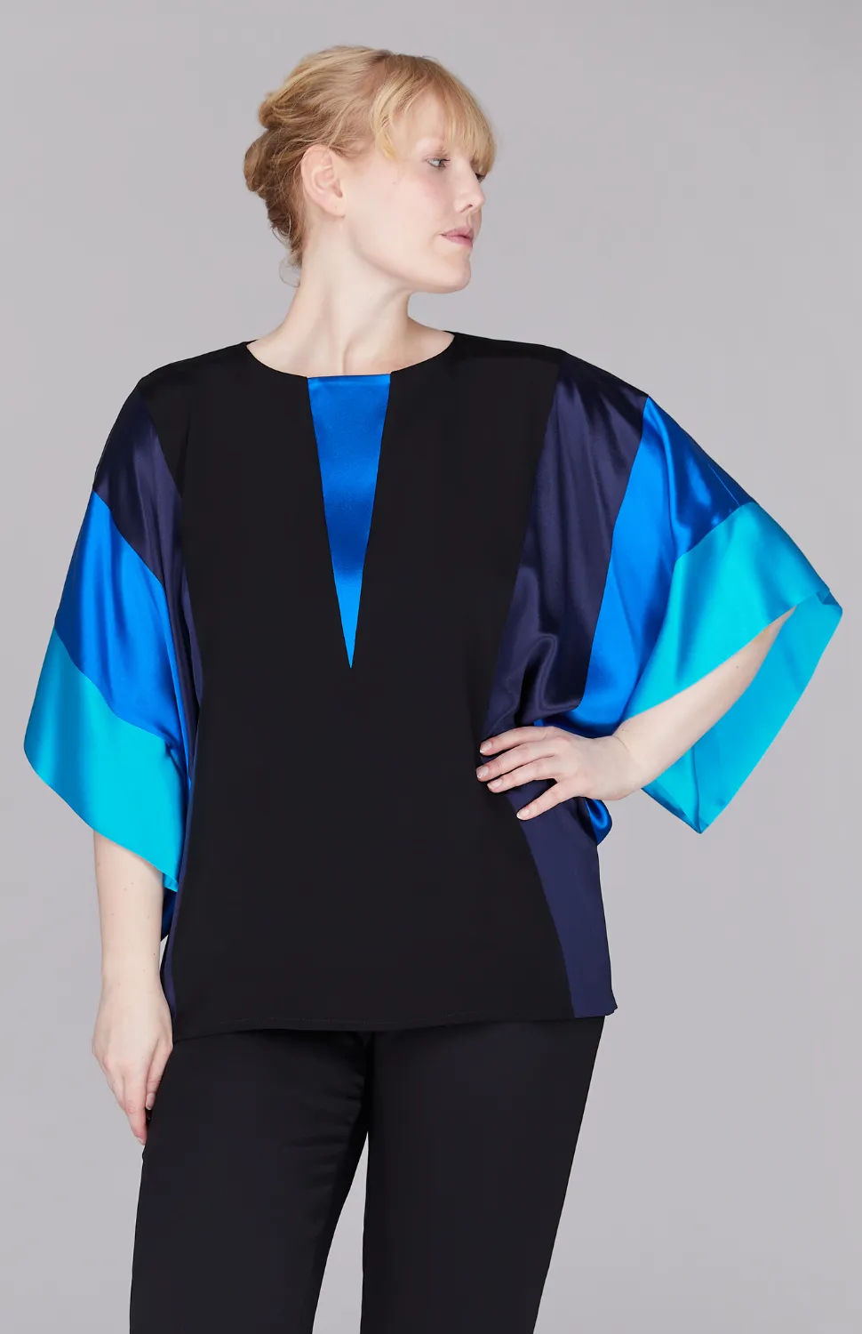 Silk Tunic w/Contrast Satin Bands & V Inset