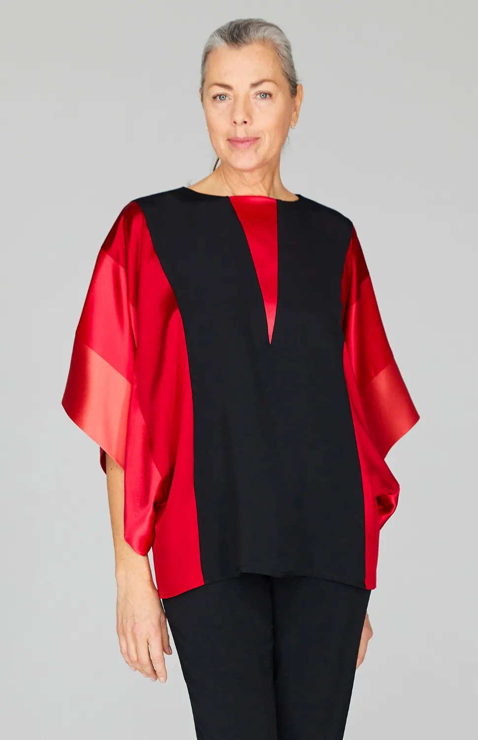 Silk Tunic w/Contrast Satin Bands & V Inset