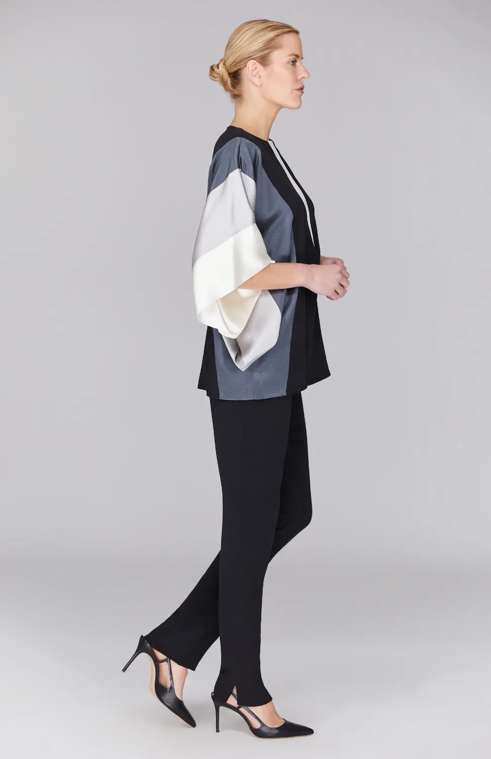 Silk Tunic w/Contrast Satin Bands & V Inset